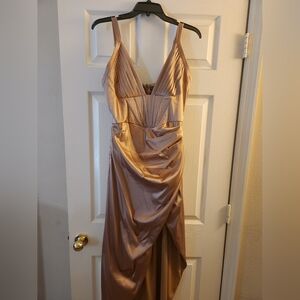 Fashion Nova Gold Ruched Slit Gown
